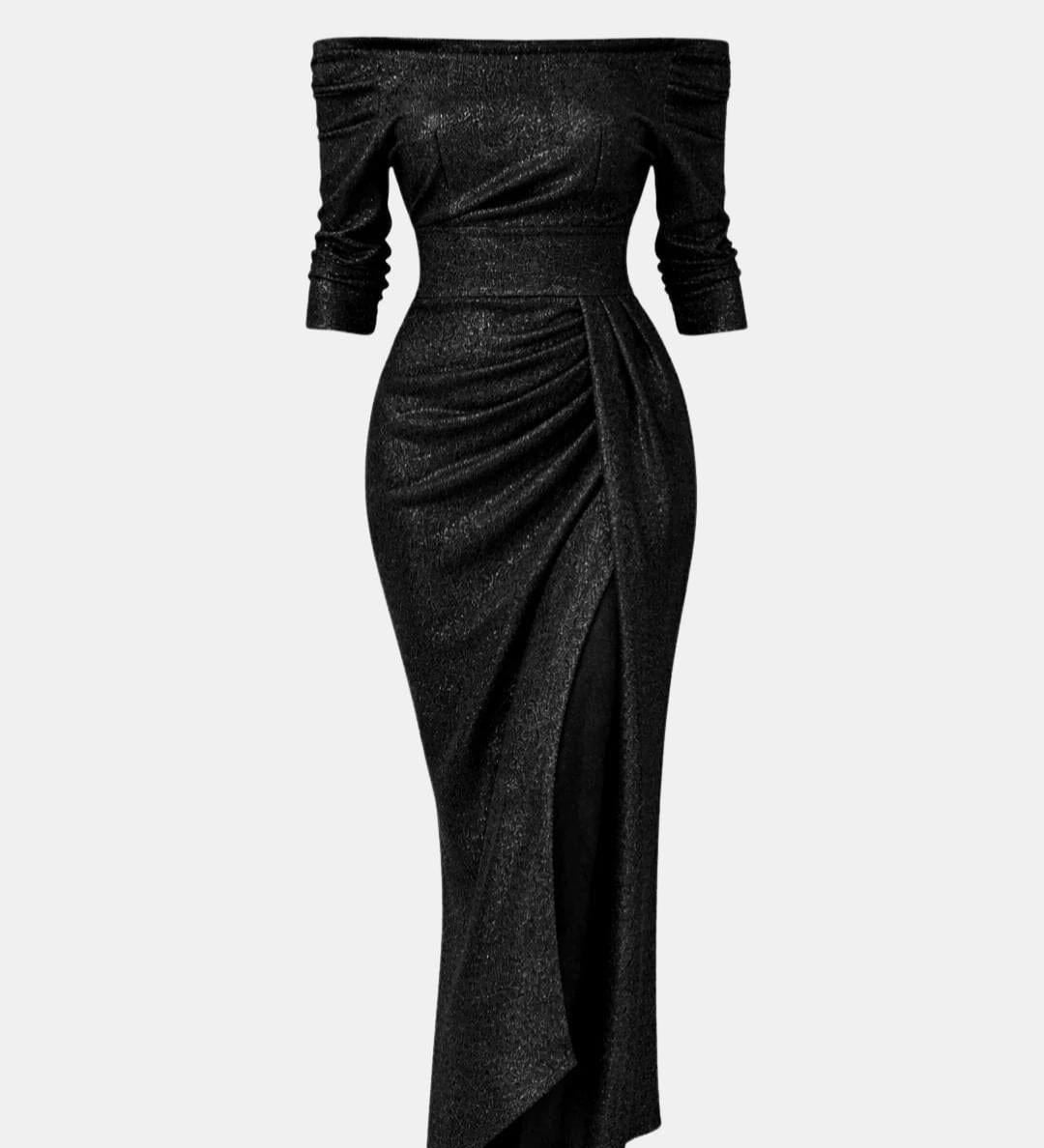 Aistė - Stilinga Maxi Suknelė Moterims su Off-Shoulder Dekolte ir Drapiruotu Sijonu