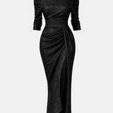 Aistė - Stilinga Maxi Suknelė Moterims su Off-Shoulder Dekolte ir Drapiruotu Sijonu