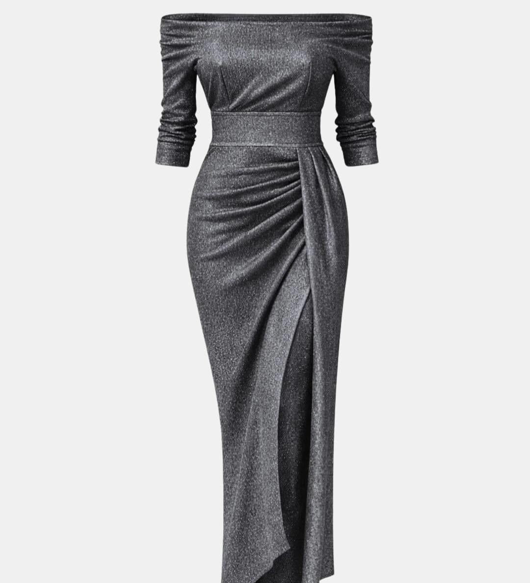 Aistė - Stilinga Maxi Suknelė Moterims su Off-Shoulder Dekolte ir Drapiruotu Sijonu