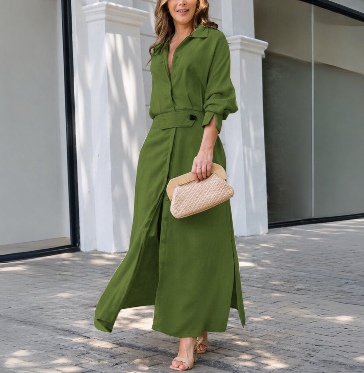 Birutė - Elegantiška Moteriška Suknelė Vestuvių Svečiams su Apykakle ir Diržu