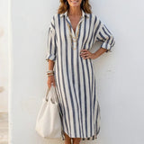 Ieva - Vintage Maxi Lino Suknelė Moterims su Apykakle ir Mygtukų Uždarymu