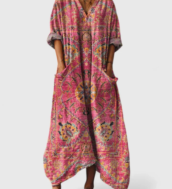 Indrė - Boho Lino Maxi Suknelė Moterims su V-Kerf ir Kišenėmis
