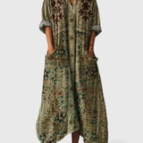 Indrė - Boho Lino Maxi Suknelė Moterims su V-Kerf ir Kišenėmis