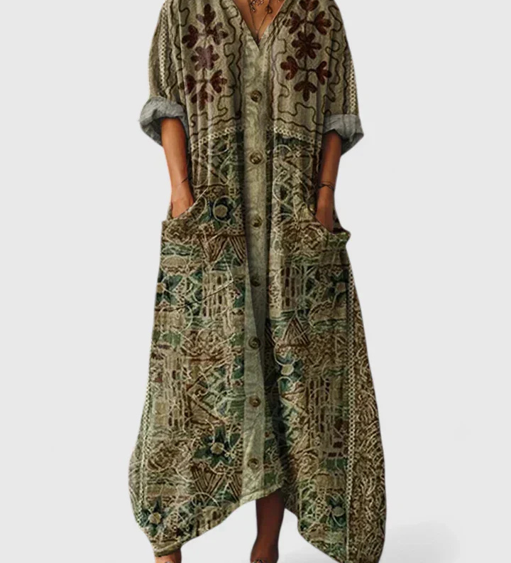 Indrė - Boho Lino Maxi Suknelė Moterims su V-Kerf ir Kišenėmis