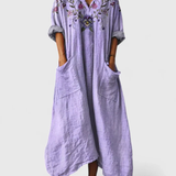 Indrė - Boho Lino Maxi Suknelė Moterims su V-Kerf ir Kišenėmis