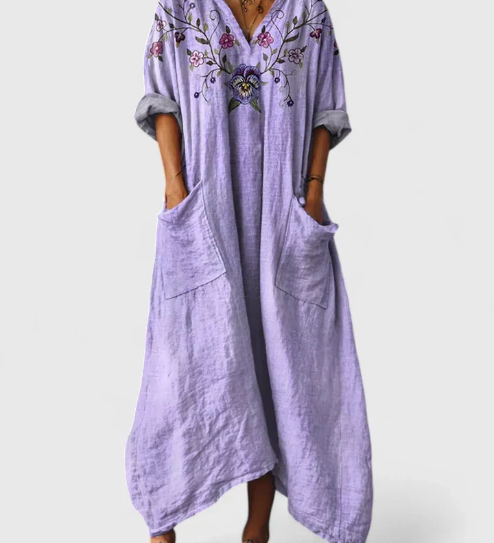 Indrė - Boho Lino Maxi Suknelė Moterims su V-Kerf ir Kišenėmis