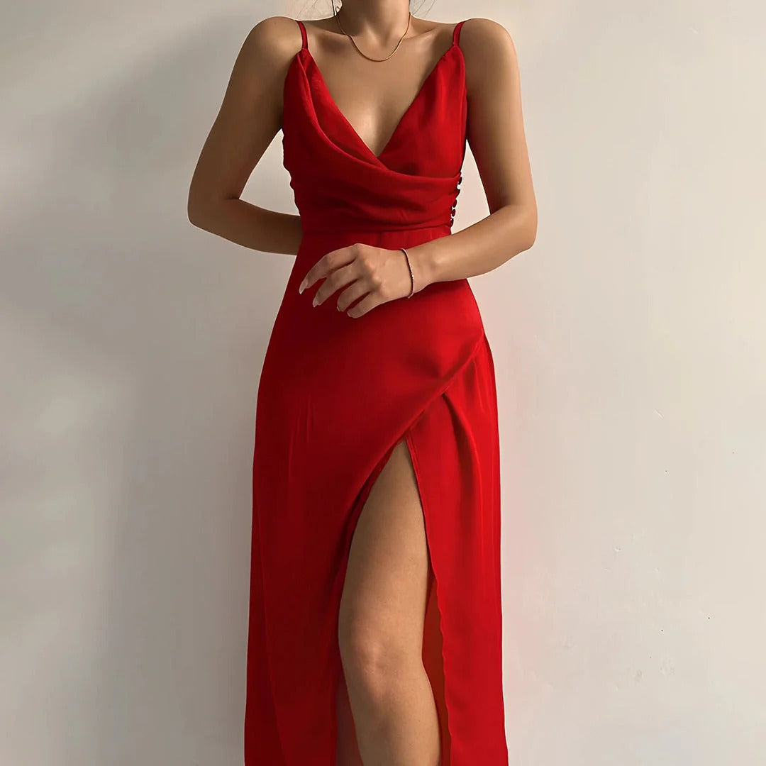 Indrė - Elegantiška Vestuvinė Suknelė Moterims su V-Iškirpte ir Aukštu Šonu