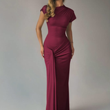 Julija - Elegantiška Vakarinė Suknelė Moterims su Aukštu Kaklu ir Drapiruotu Iškirpimu