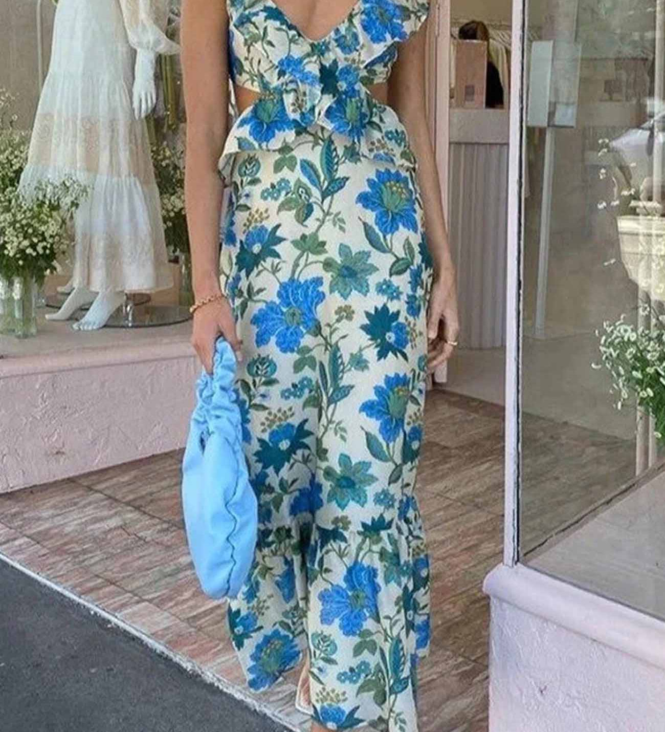 Eglė - Boho Stiliaus Vestuvių Svečio Suknelė Moterims su Gėlių Raštu ir Volanų Petnešomis