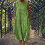 Gabija - Vintage Lino Maxi Suknelė Moterims su Apvalia Iškirpte ir Kišenėmis