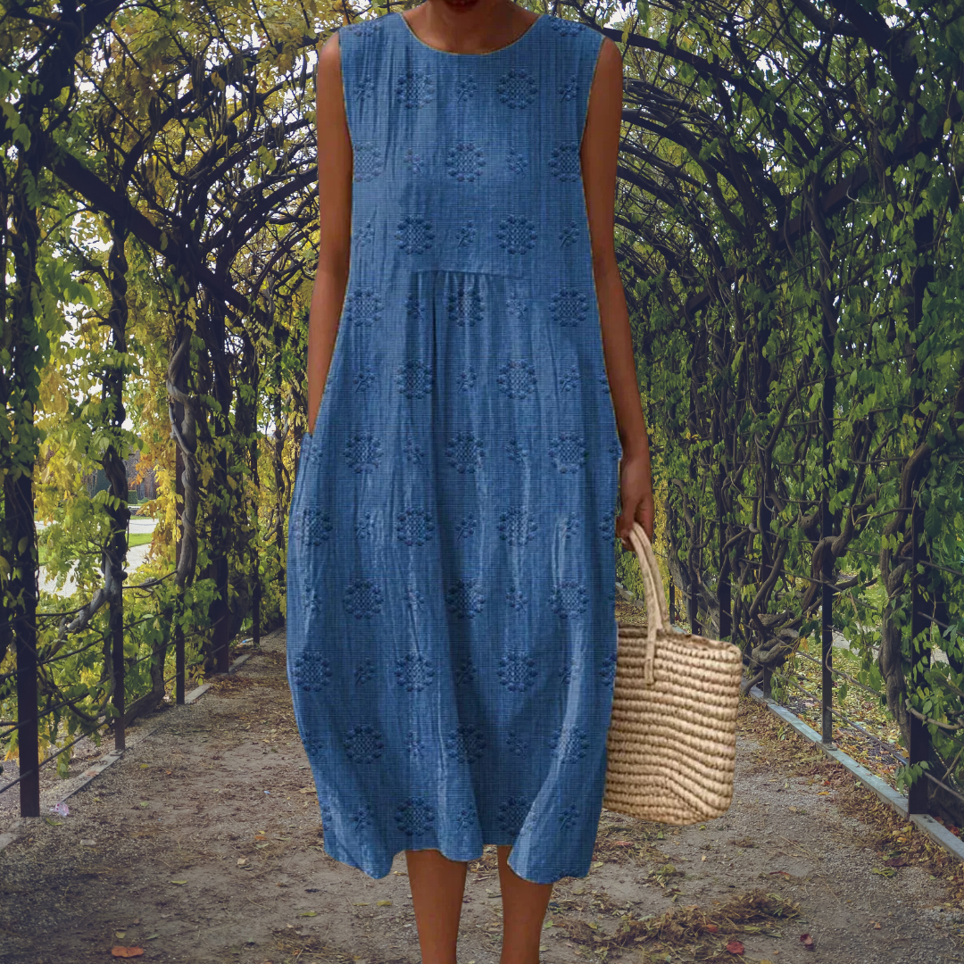 Gabija - Vintage Lino Maxi Suknelė Moterims su Apvalia Iškirpte ir Kišenėmis