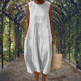 Gabija - Vintage Lino Maxi Suknelė Moterims su Apvalia Iškirpte ir Kišenėmis