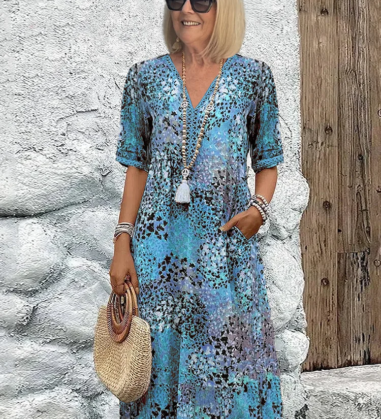 Milda - Boho Stiliaus Moteriška Suknelė su V-formos Iškirpte ir Kutais, Midi Ilgio Vestuvėms