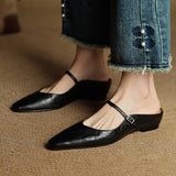 Nora | Damen Leder Mules Spitze Zehenpartie Mary Jane Riemchen Flats