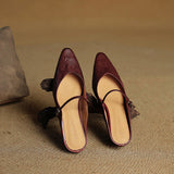 Nora | Damen Leder Mules Spitze Zehenpartie Mary Jane Riemchen Flats