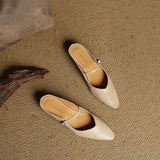 Nora | Damen Leder Mules Spitze Zehenpartie Mary Jane Riemchen Flats