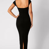 Smiltė - Prigludusi Elegantiška Off-Shoulder Midi Suknelė Moterims
