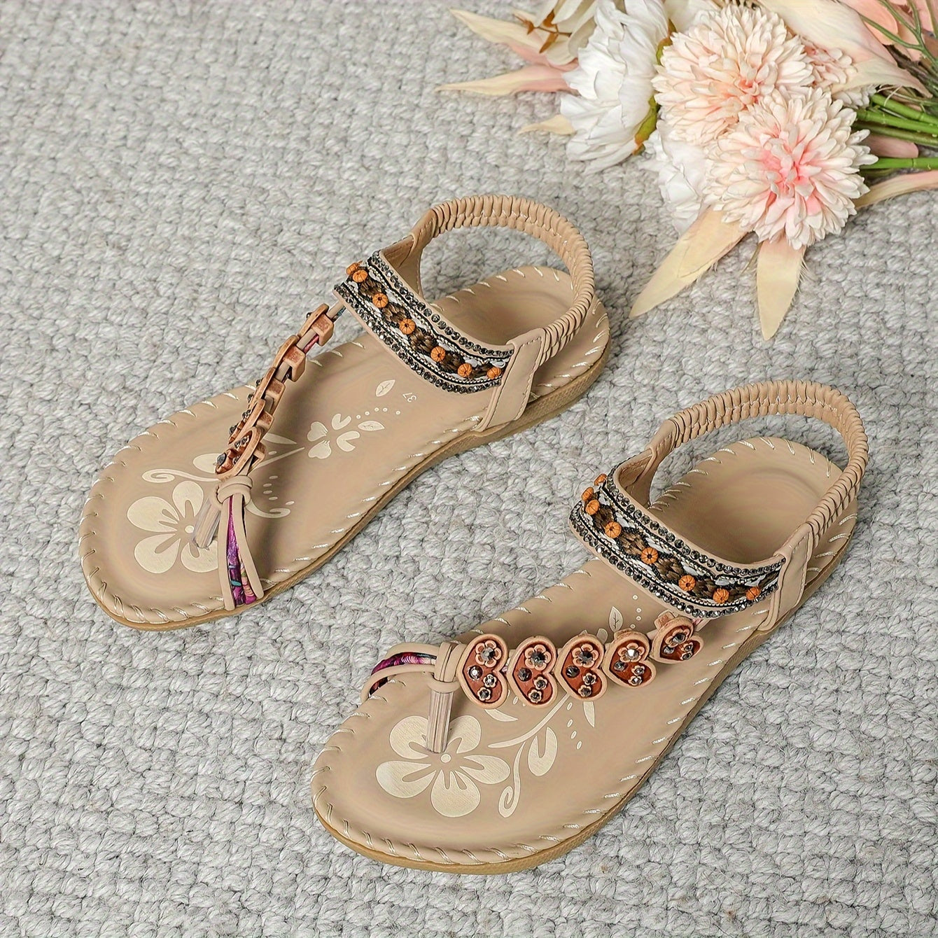 Saulė - Boho Komforto Moteriški Sandalai su Karoliukų Akcentais ir Elastinga Kulkšnies Juosta