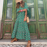 Saulė - Boho Stiliaus Maxi Suknelė Moterims su V Formos Iškirpte ir Grafiniu Taškiniu Raštu