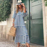 Saulė - Boho Stiliaus Maxi Suknelė Moterims su V Formos Iškirpte ir Grafiniu Taškiniu Raštu