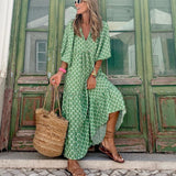 Saulė - Boho Stiliaus Maxi Suknelė Moterims su V Formos Iškirpte ir Grafiniu Taškiniu Raštu