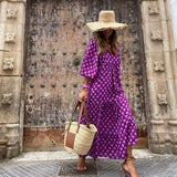 Saulė - Boho Stiliaus Maxi Suknelė Moterims su V Formos Iškirpte ir Grafiniu Taškiniu Raštu