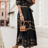 Rūta - Etninio Rašto Boho Midi Suknelė Moterims su Kaklo Diržu