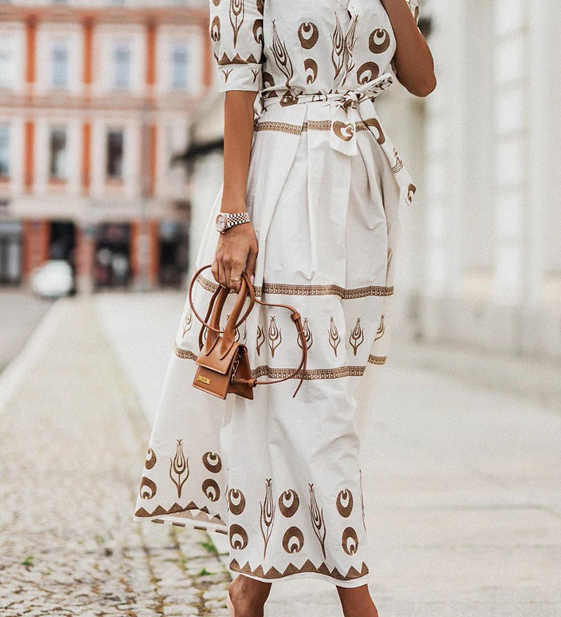 Rūta - Etninio Rašto Boho Midi Suknelė Moterims su Kaklo Diržu