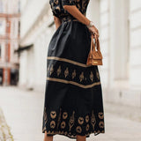 Rūta - Etninio Rašto Boho Midi Suknelė Moterims su Kaklo Diržu