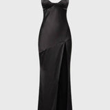 Miglė - Elegantiška Maxi Suknelė Moterims su Giliu V Formos Iškirpimu ir Skeltuko Detale