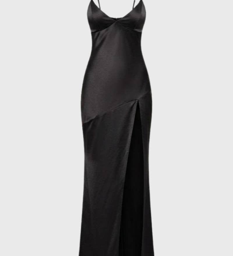 Miglė - Elegantiška Maxi Suknelė Moterims su Giliu V Formos Iškirpimu ir Skeltuko Detale