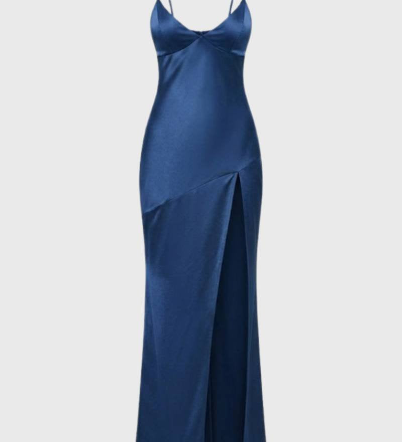 Miglė - Elegantiška Maxi Suknelė Moterims su Giliu V Formos Iškirpimu ir Skeltuko Detale