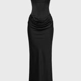 Aistė - Elegantiška Maxi Suknelė Moterims be Petnešų su Raukšlėtu Juosmeniu
