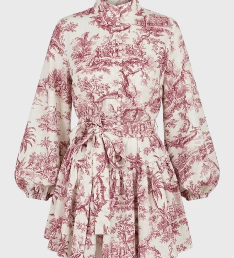 Ugnė - Elegantiška Mini Suknelė Moterims su Balioninėmis Rankovėmis ir Diržu